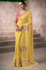 Yellow Cotton Viscose Printed Saree