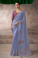 Blue Cotton Viscose Printed Saree