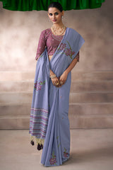 Blue Cotton Viscose Printed Saree