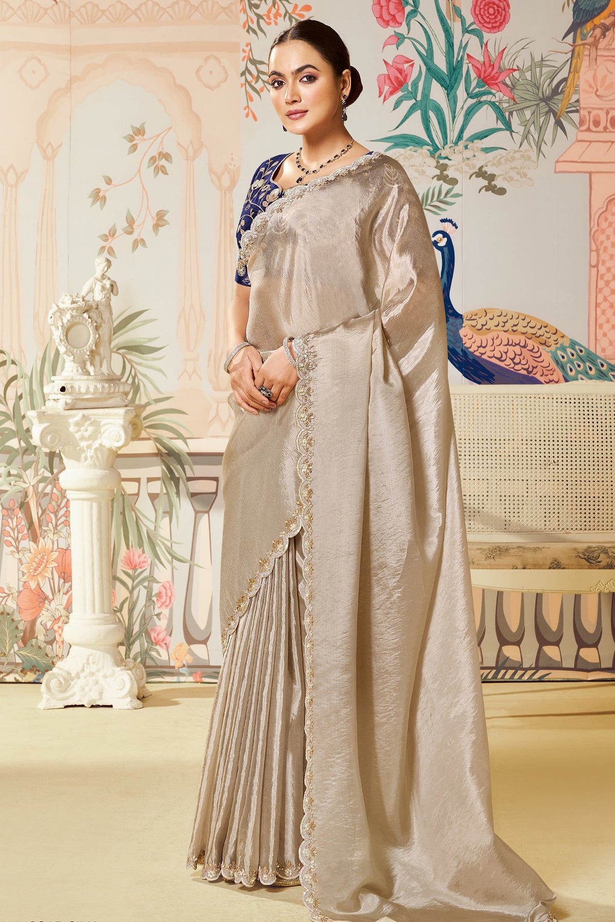 Beige Tussar Silk Plain Saree with Sequins Border