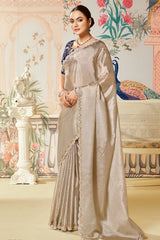 Beige Tussar Silk Plain Saree with Sequins Border