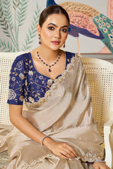 Beige Tussar Silk Plain Saree with Sequins Border