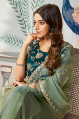 Green Organza Silk Plain Saree with Sequins Border
