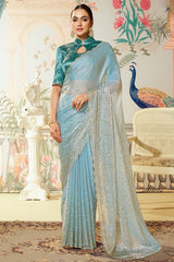 Blue Satin Silk Plain Saree with Sequins Border