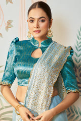 Blue Satin Silk Plain Saree with Sequins Border