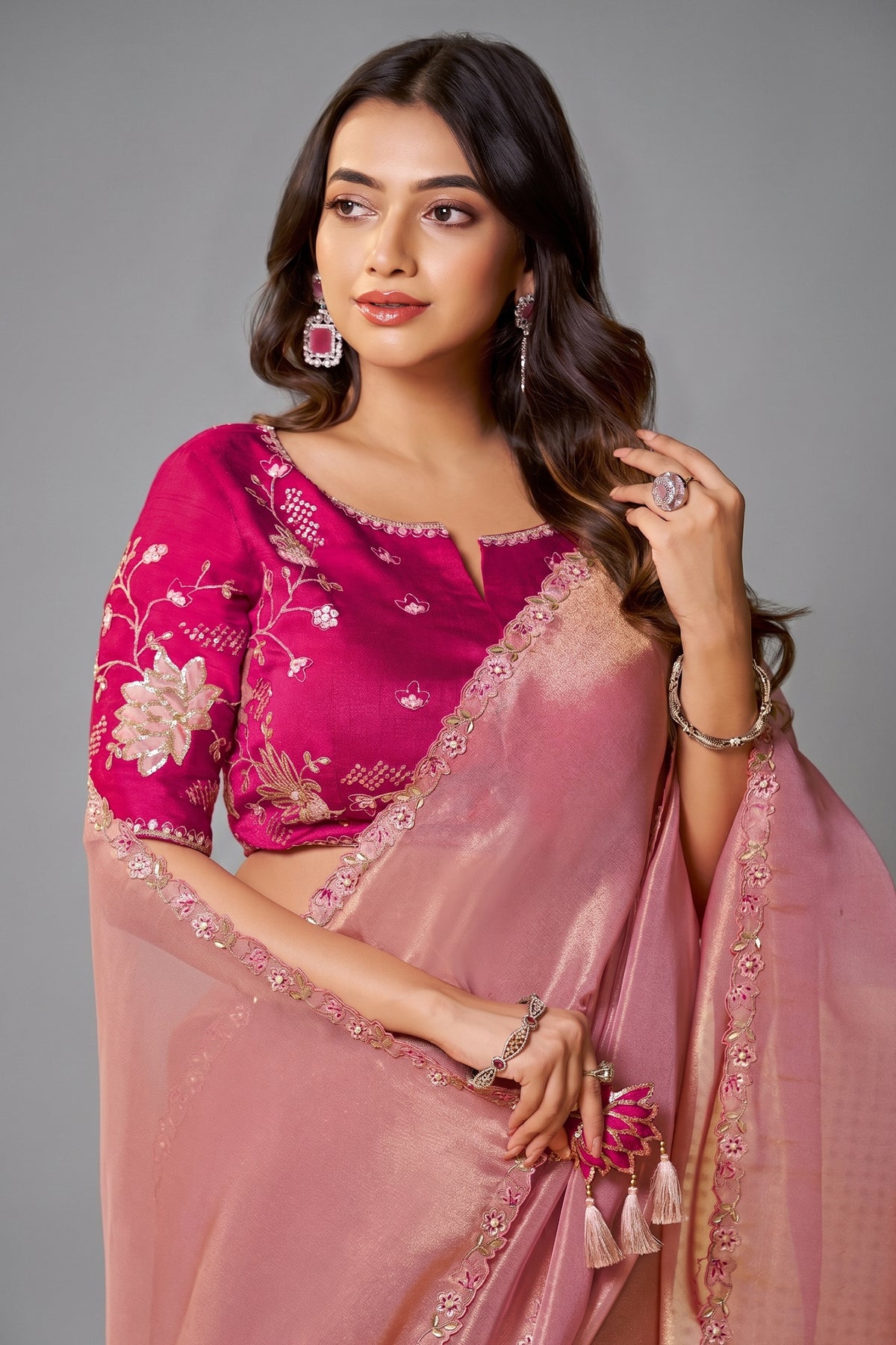 Pink Organza Silk Plain Saree with Sequins Border - pink silk saree