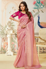 Pink Organza Silk Plain Saree with Sequins Border