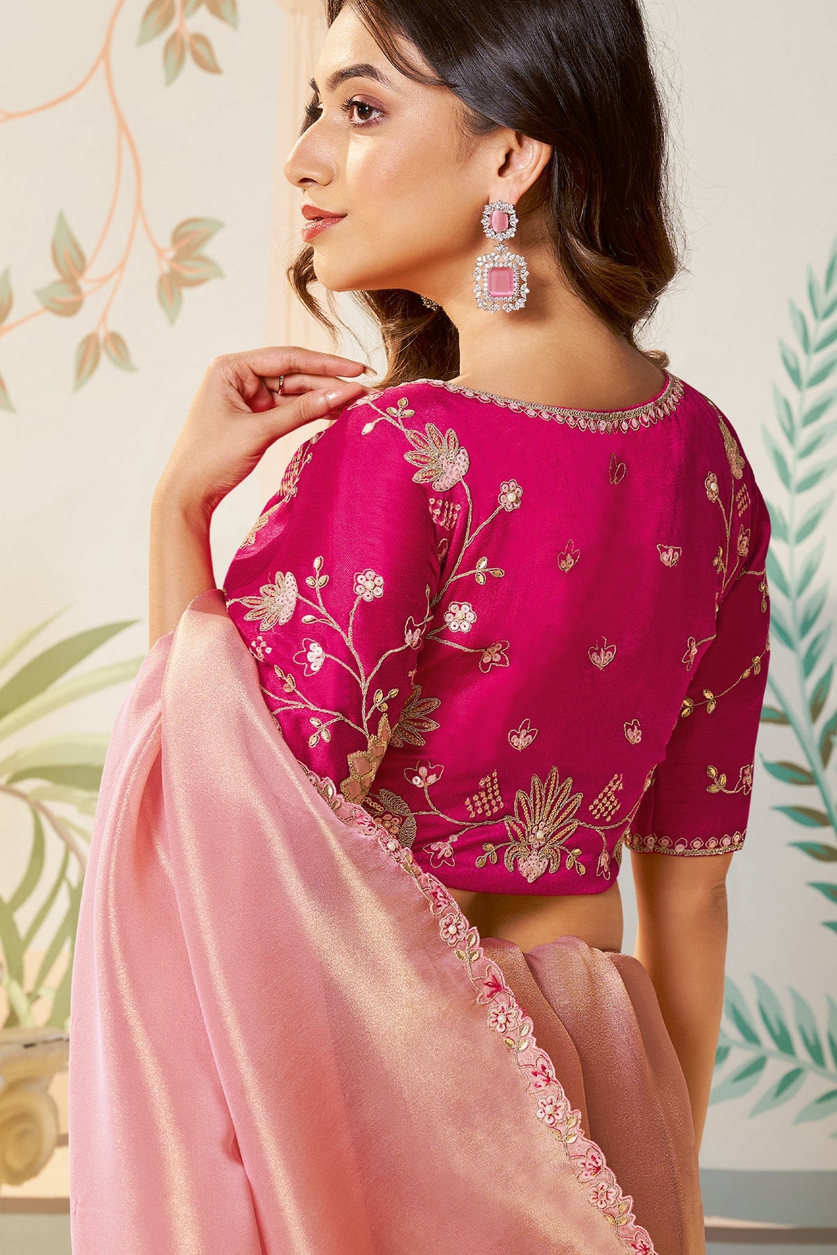 Pink Organza Silk Plain Saree with Sequins Border - pink silk saree