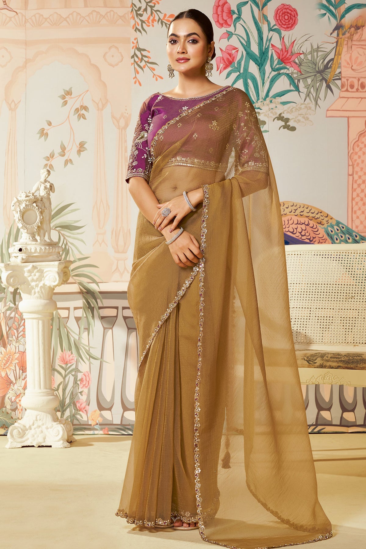 Mustard Organza Silk Plain Saree with Sequins Border