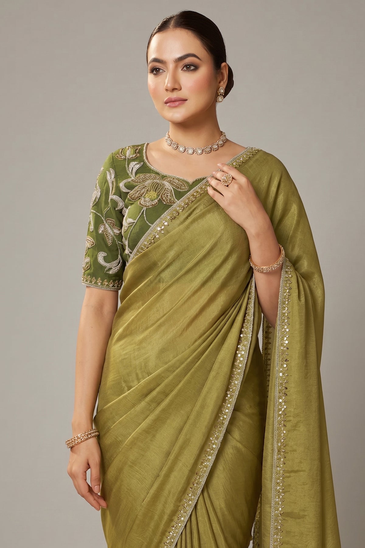 Olive Green Satin Silk Plain Saree with Sequins Border - green silk saree