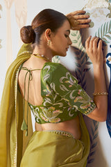 Olive Green Satin Silk Plain Saree with Sequins Border