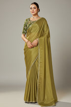 Olive Green Satin Silk Plain Saree with Sequins Border - green silk saree