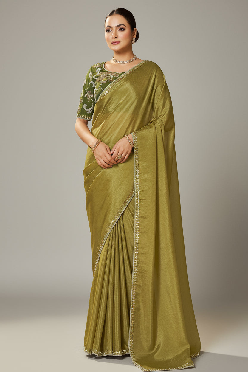 Olive Green Satin Silk Plain Saree with Sequins Border - green silk saree