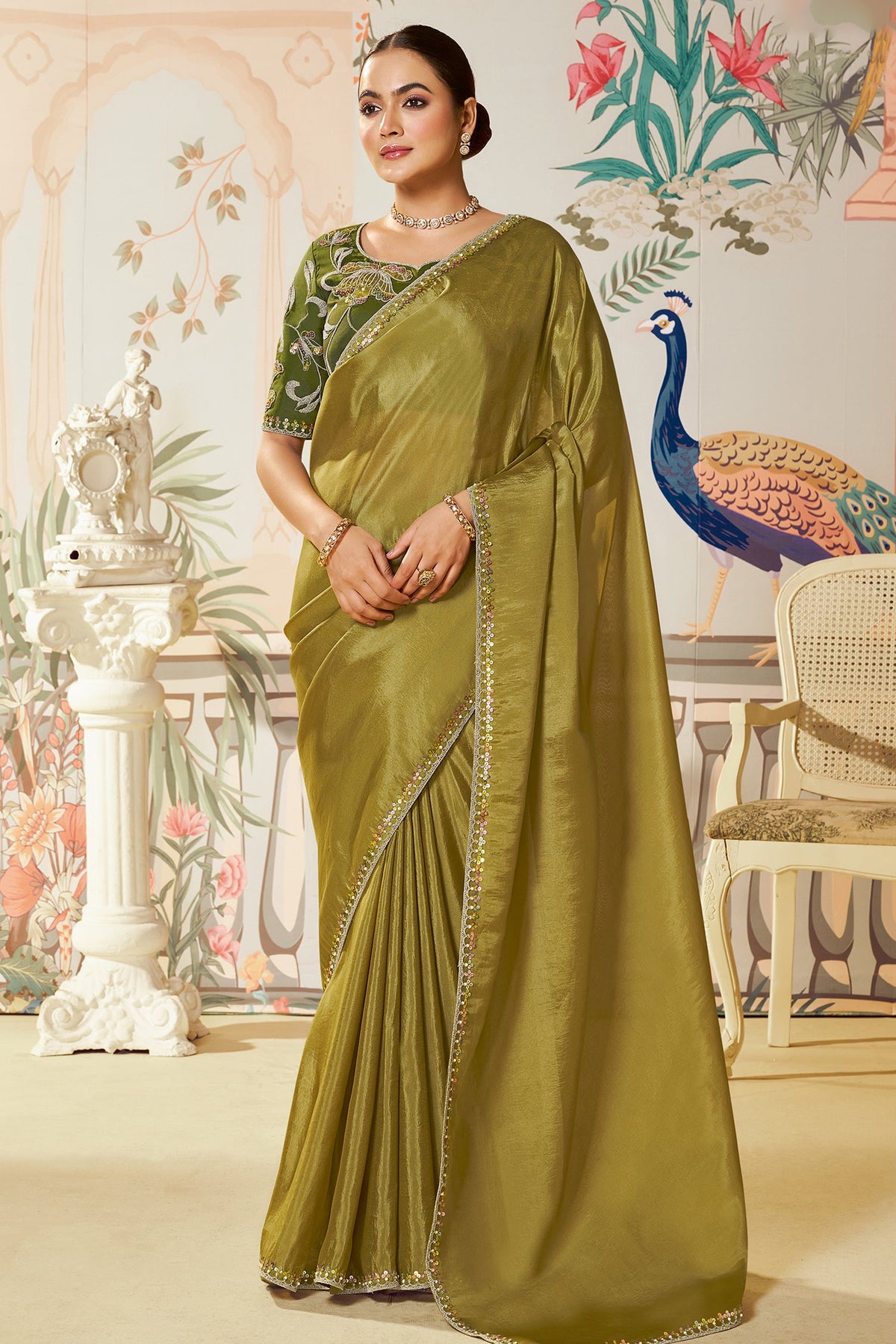 Olive Green Satin Silk Plain Saree with Sequins Border