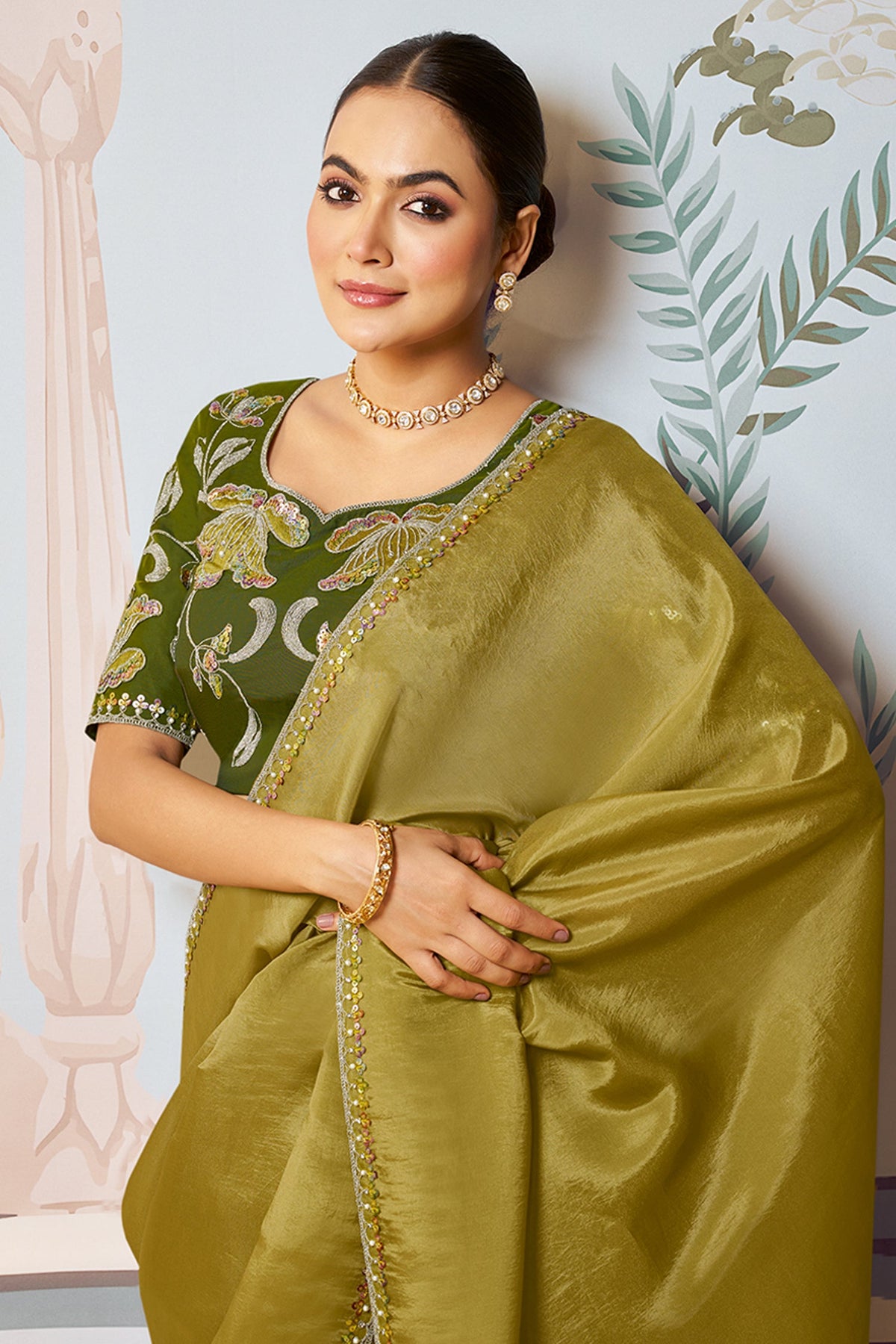 Olive Green Satin Silk Plain Saree with Sequins Border - green silk saree
