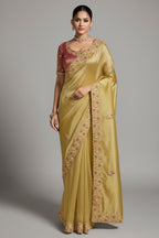 Yellow Tissue Silk Saree with Embroidery Work - yellow silk saree embroidery