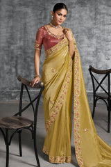 Yellow Tissue Silk Saree with Embroidery Work