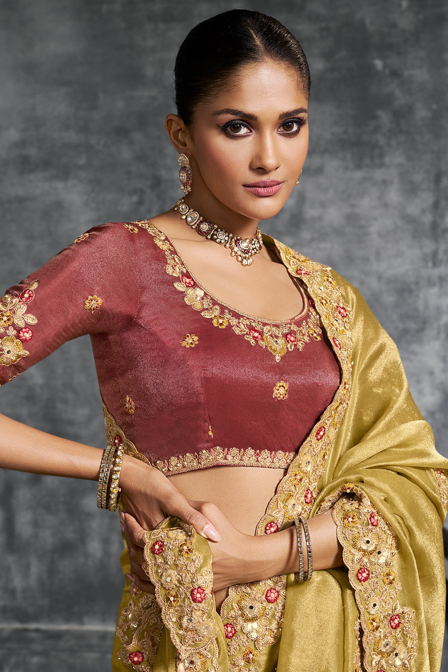 Yellow Tissue Silk Saree with Embroidery Work - yellow silk saree embroidery
