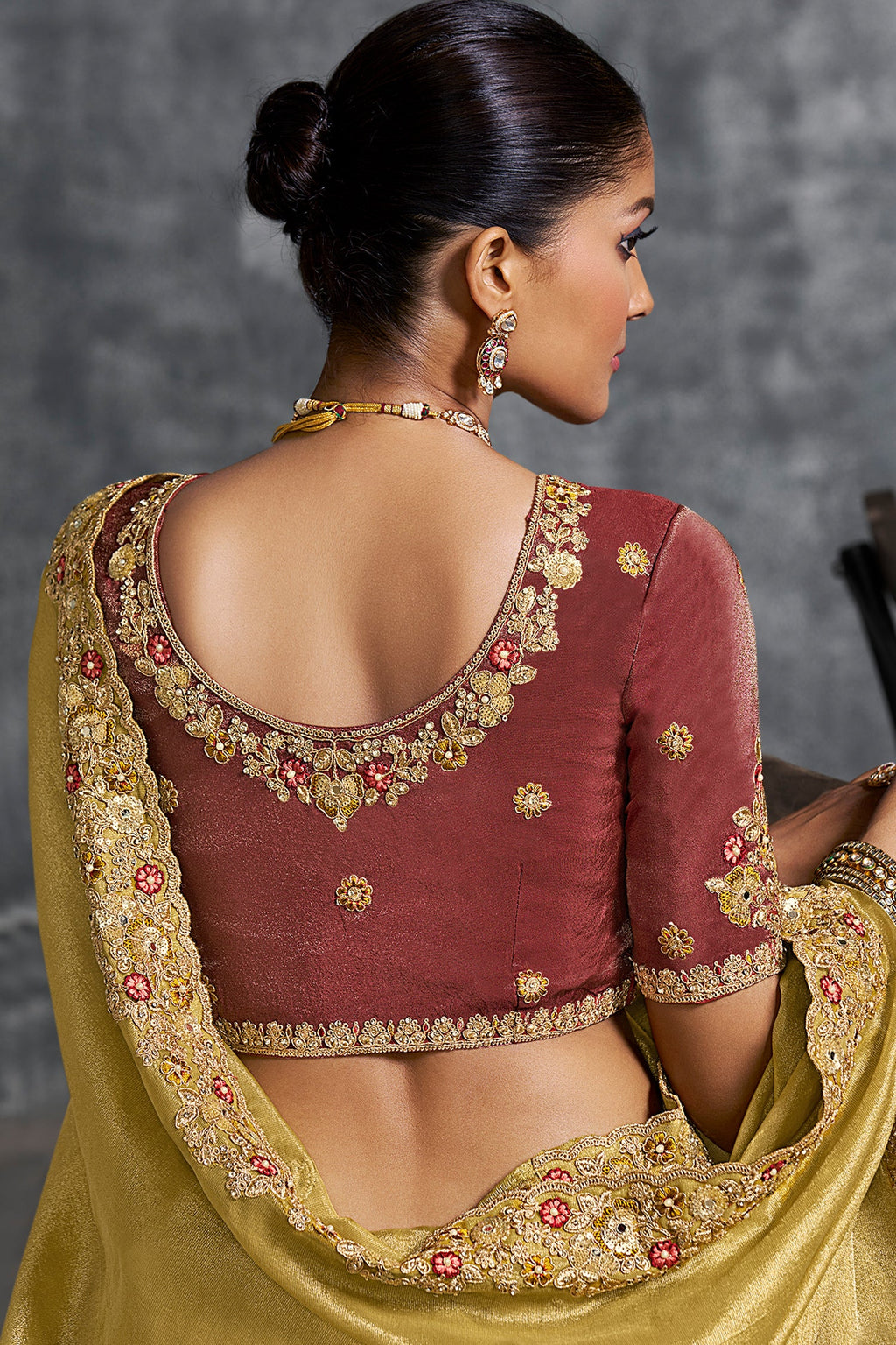 Yellow Tissue Silk Saree with Embroidery Work - yellow silk saree embroidery