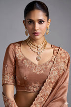 Brown Tissue Silk Saree with Embroidery Work - brown silk saree embroidery