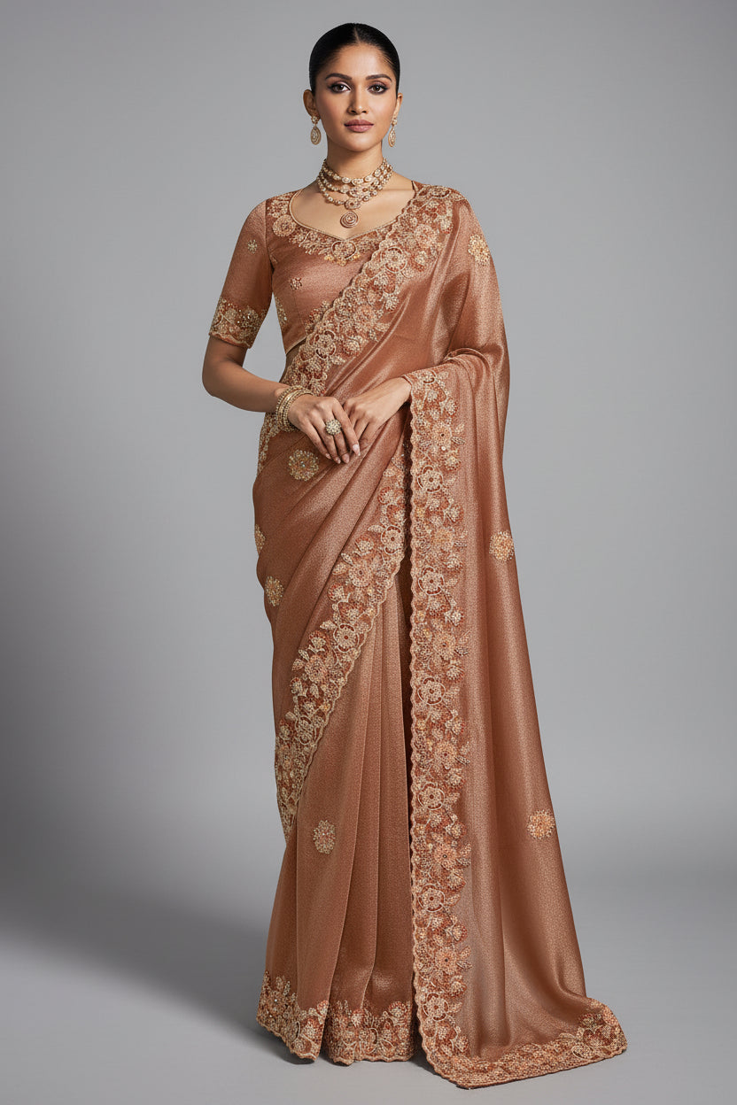 Brown Tissue Silk Saree with Embroidery Work - brown silk saree embroidery