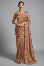 Brown Tissue Silk Saree with Embroidery Work - brown silk saree embroidery