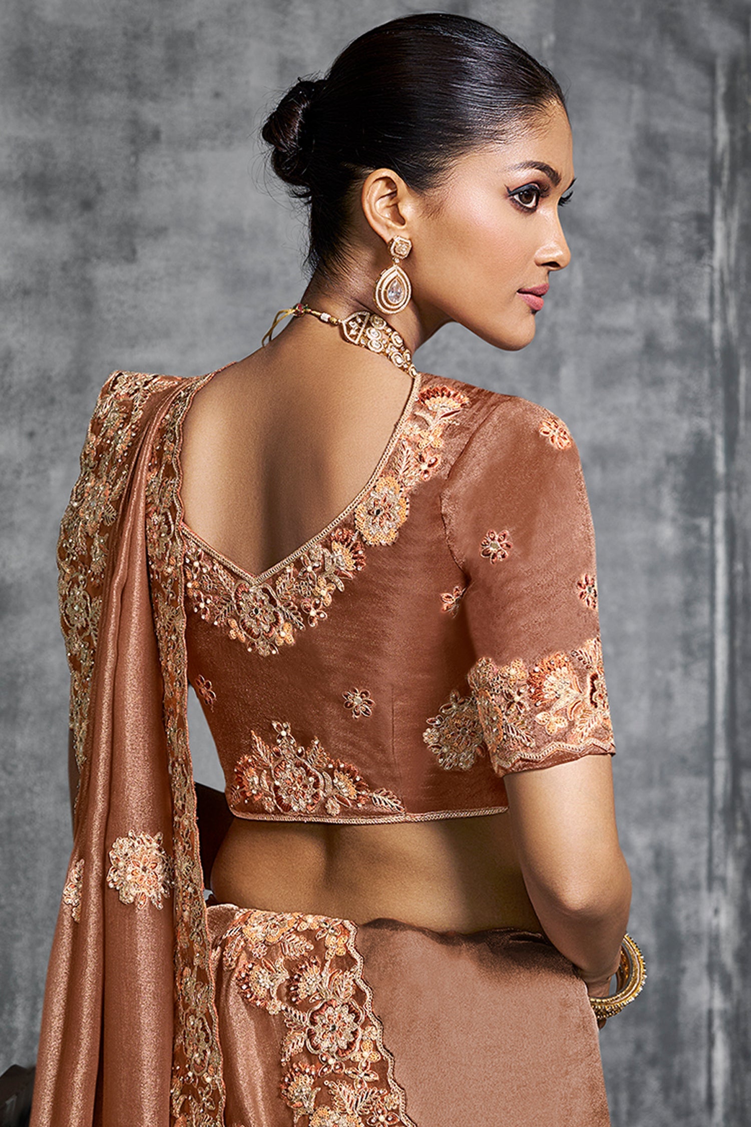 Brown Tissue Silk Saree with Embroidery Work - brown silk saree embroidery