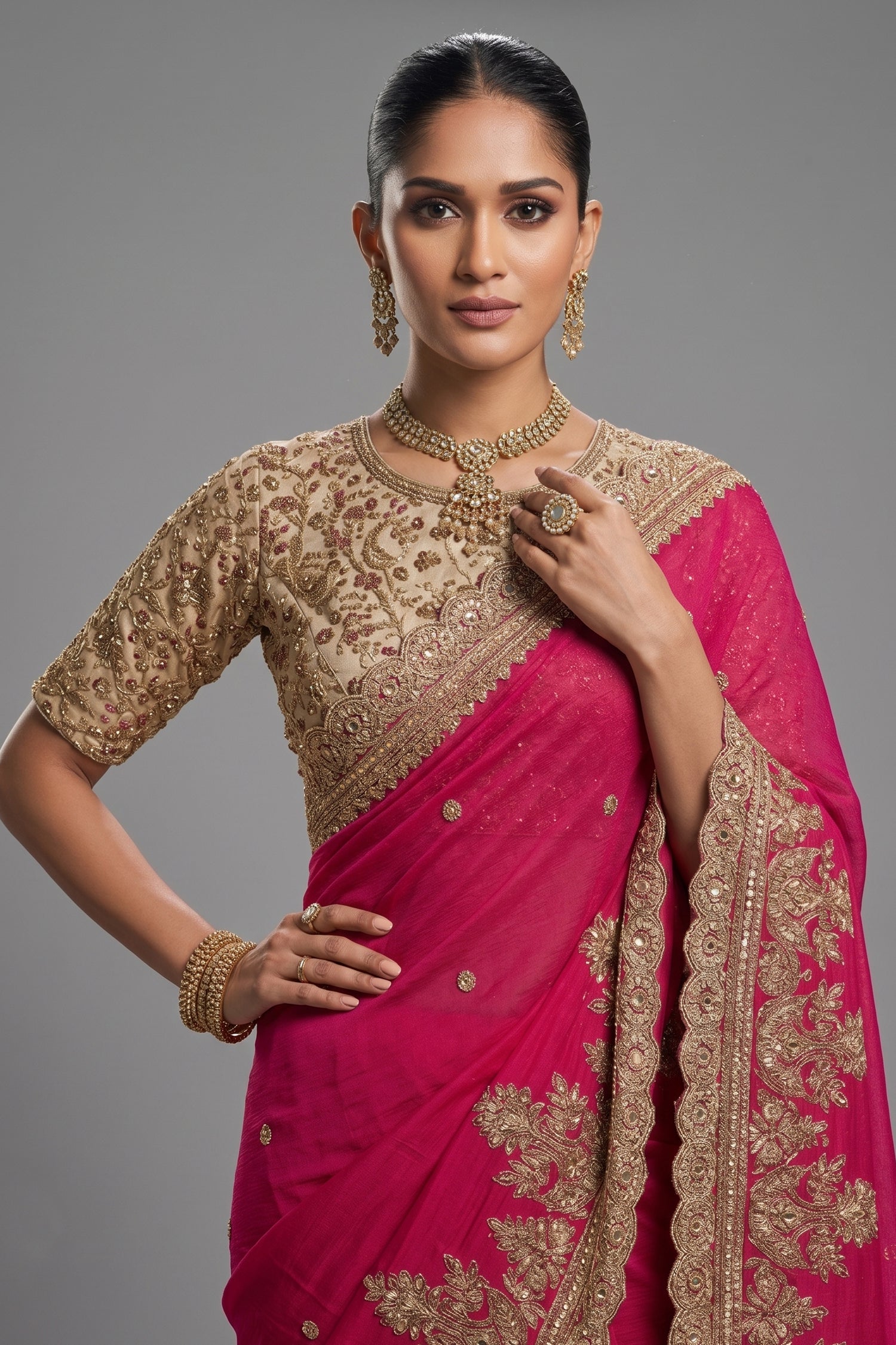 Dark Pink Satin Silk Saree with Embroidery Work Secondary image