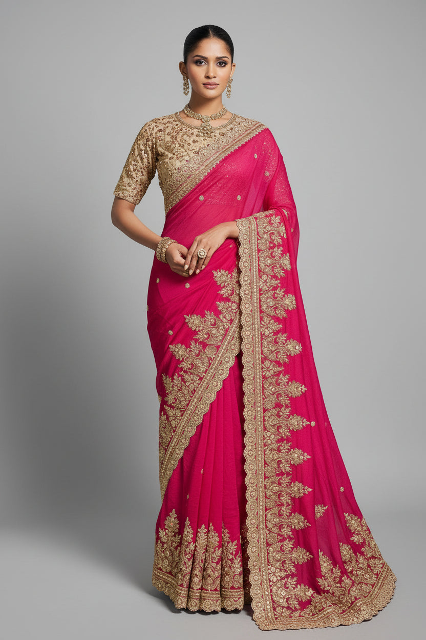 Dark Pink Satin Silk Saree with Embroidery Work - pink silk saree embroidery Main image