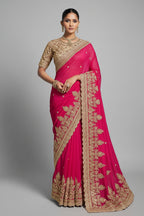 Dark Pink Satin Silk Saree with Embroidery Work - pink silk saree embroidery