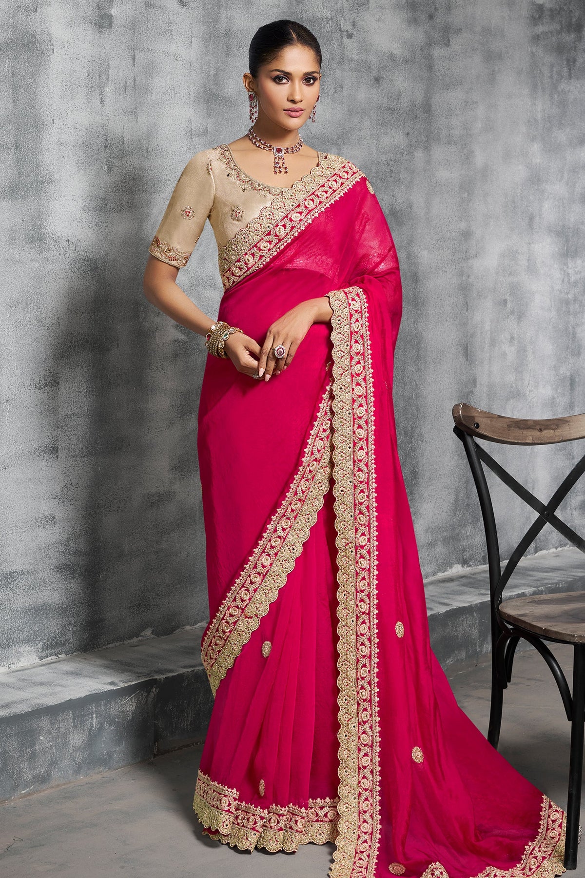 Dark Pink Satin Silk Saree with Embroidery Work