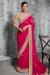 Dark Pink Satin Silk Saree with Embroidery Work