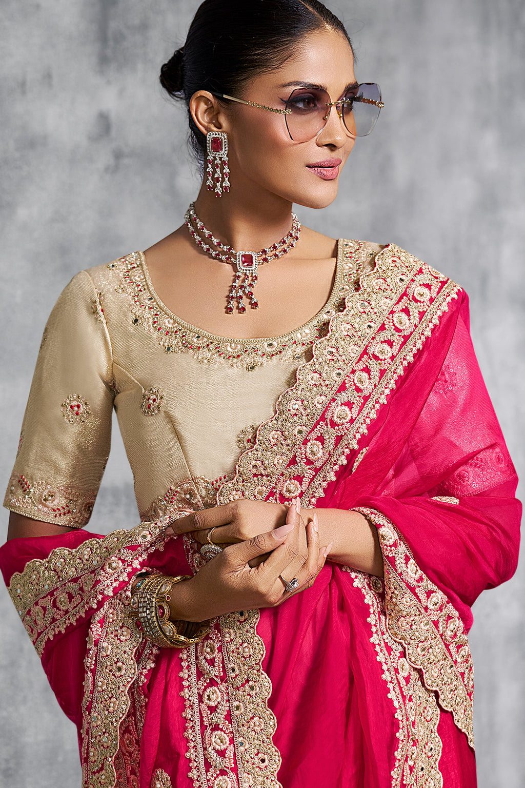 Dark Pink Satin Silk Saree with Embroidery Work - pink silk saree embroidery