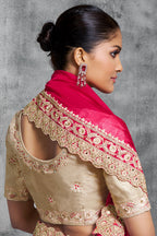 Dark Pink Satin Silk Saree with Embroidery Work - pink silk saree embroidery