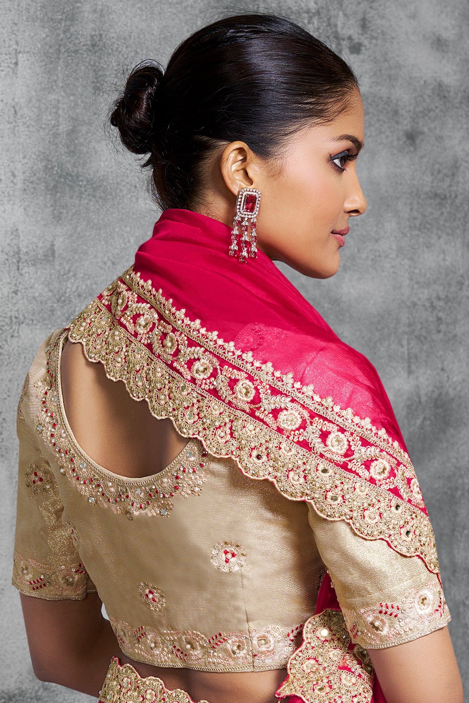 Dark Pink Satin Silk Saree with Embroidery Work - pink silk saree embroidery