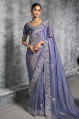 Light Violet Blue Tissue Silk Saree with Embroidery Work