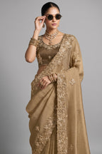 Beige Tissue Silk Saree with Embroidery Work - beige silk saree embroidery