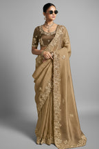 Beige Tissue Silk Saree with Embroidery Work - beige silk saree embroidery