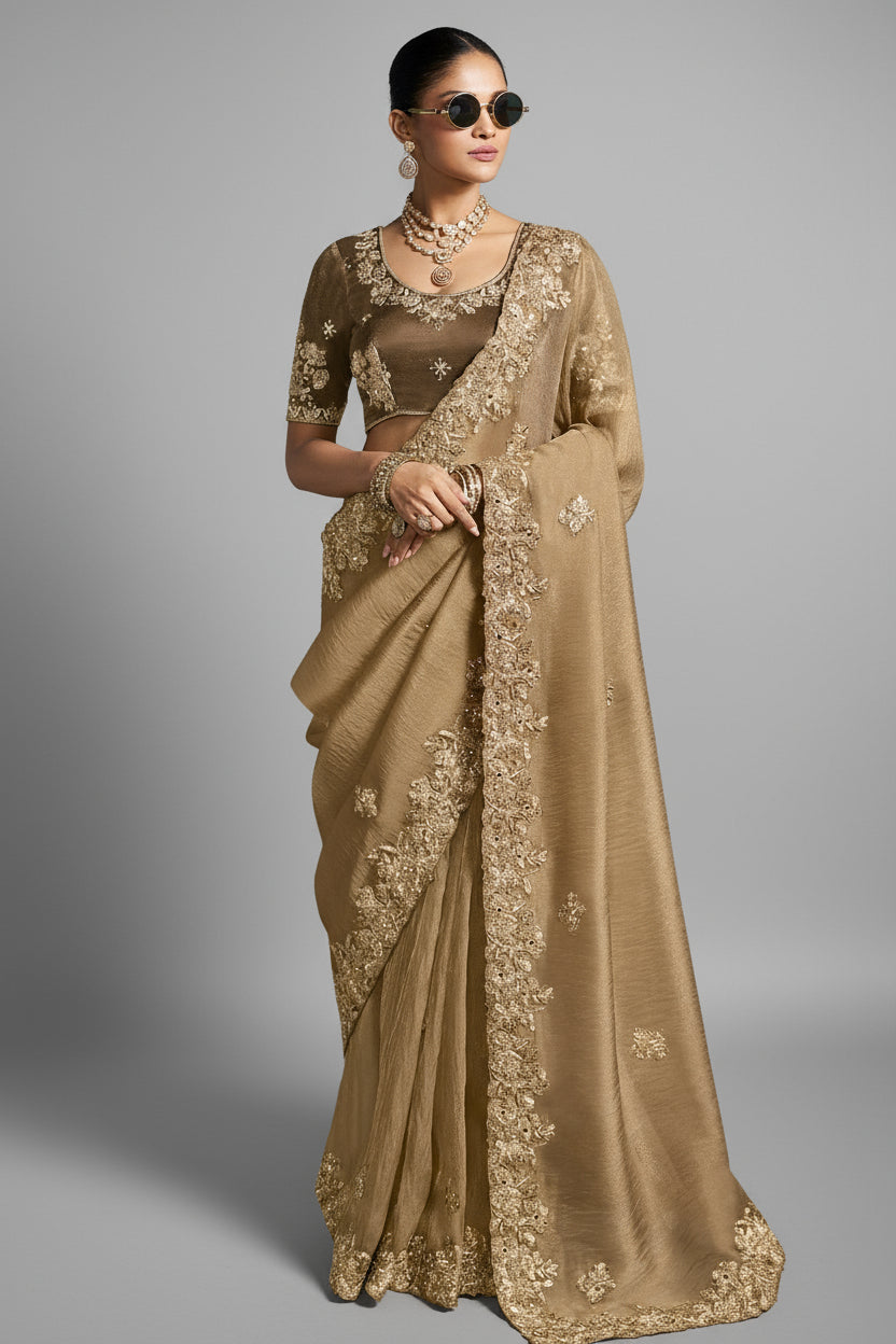 Beige Tissue Silk Saree with Embroidery Work - beige silk saree embroidery