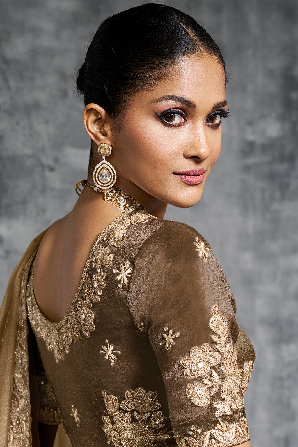 Beige Tissue Silk Saree with Embroidery Work - beige silk saree embroidery