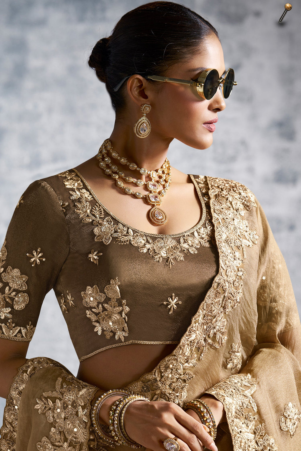 Beige Tissue Silk Saree with Embroidery Work - beige silk saree embroidery