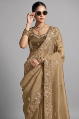 Beige Tissue Silk Saree with Embroidery Work - beige silk saree embroidery