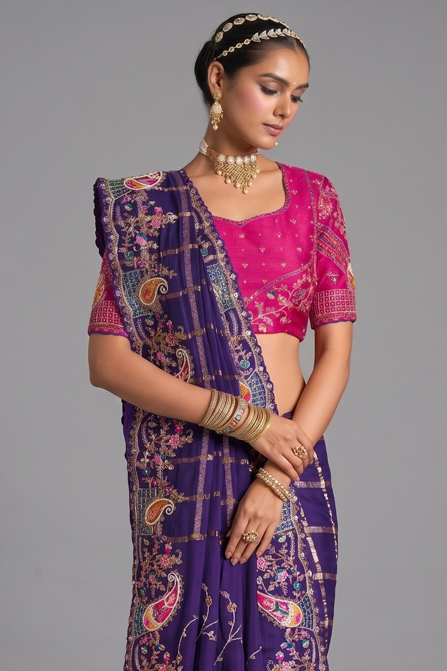 Purple Silk Checks Heavy Worked Saree - purple silk saree