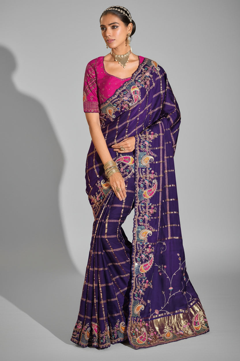 Purple Silk Checks Heavy Worked Saree