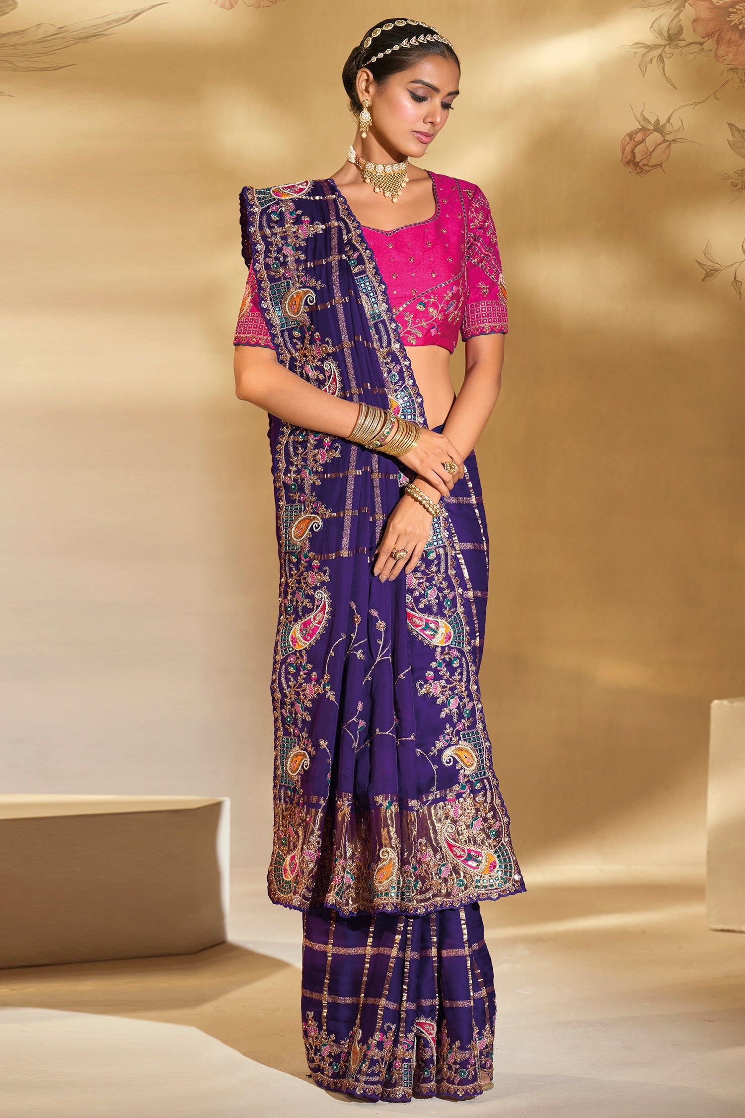 Purple Silk Checks Heavy Worked Saree - purple silk saree
