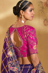 Purple Silk Checks Heavy Worked Saree