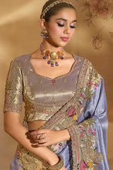 Steel Blue Silk Heavy Worked Saree