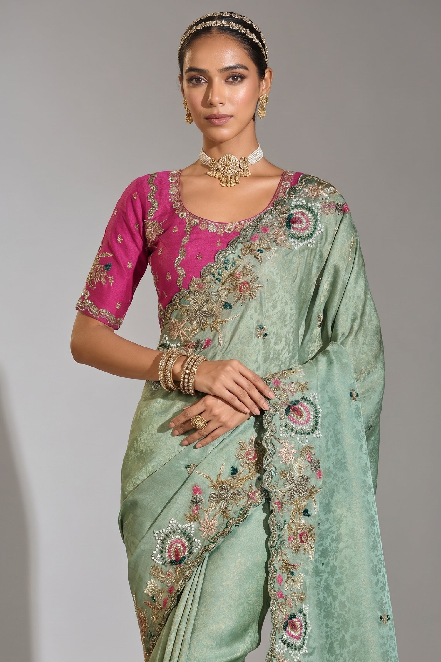 Light Green Silk Heavy Worked Saree Secondary image