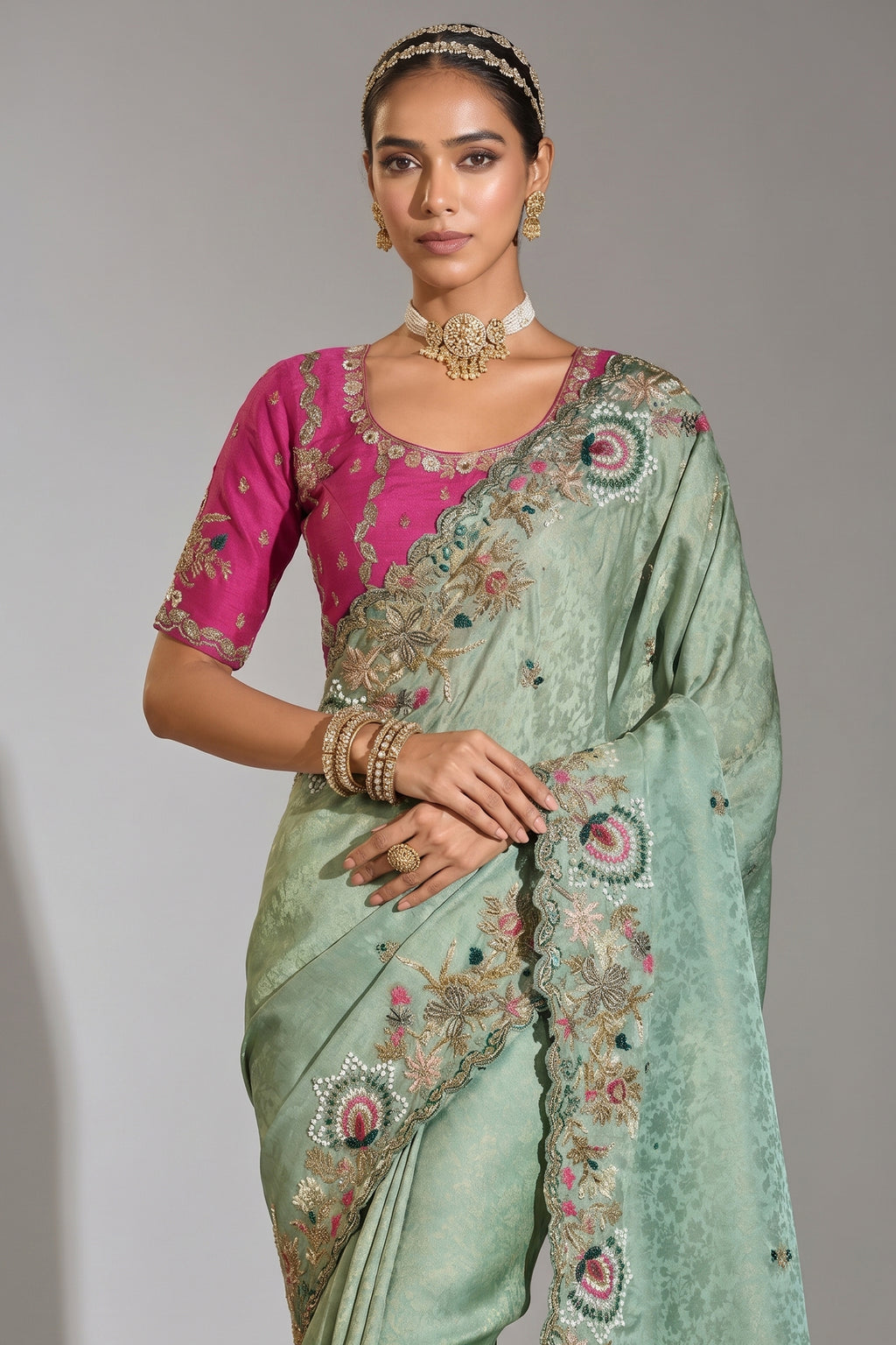Light Green Silk Heavy Worked Saree - green silk saree