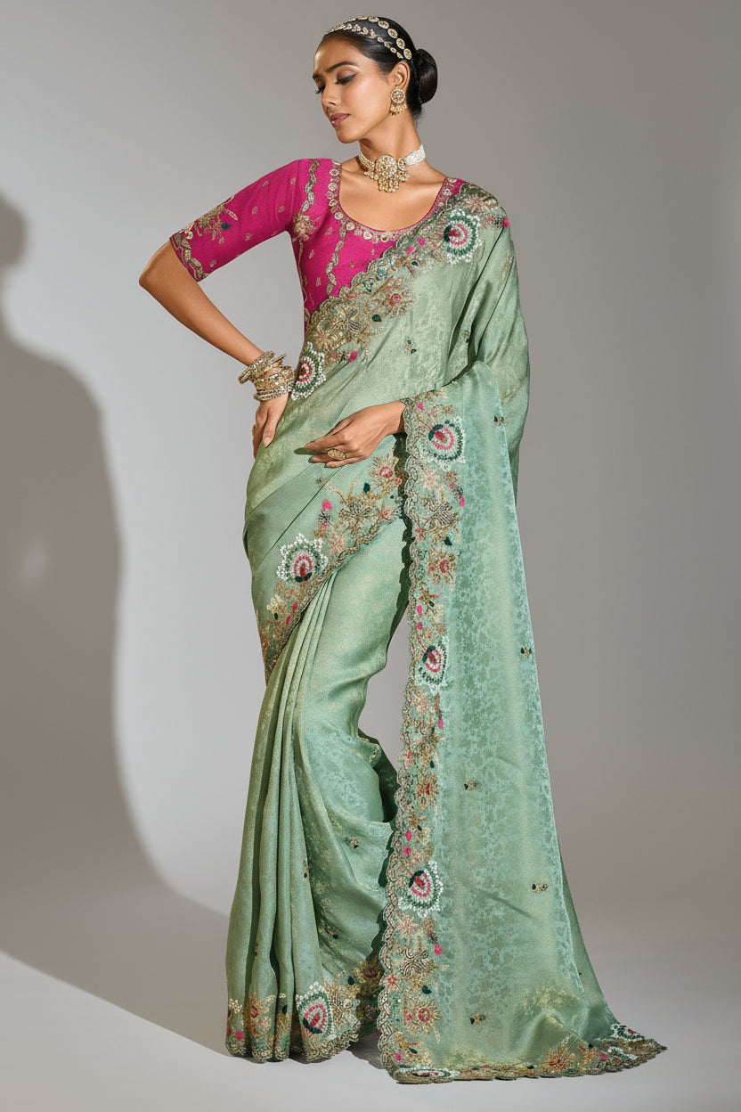 Light Green Silk Heavy Worked Saree - green silk saree